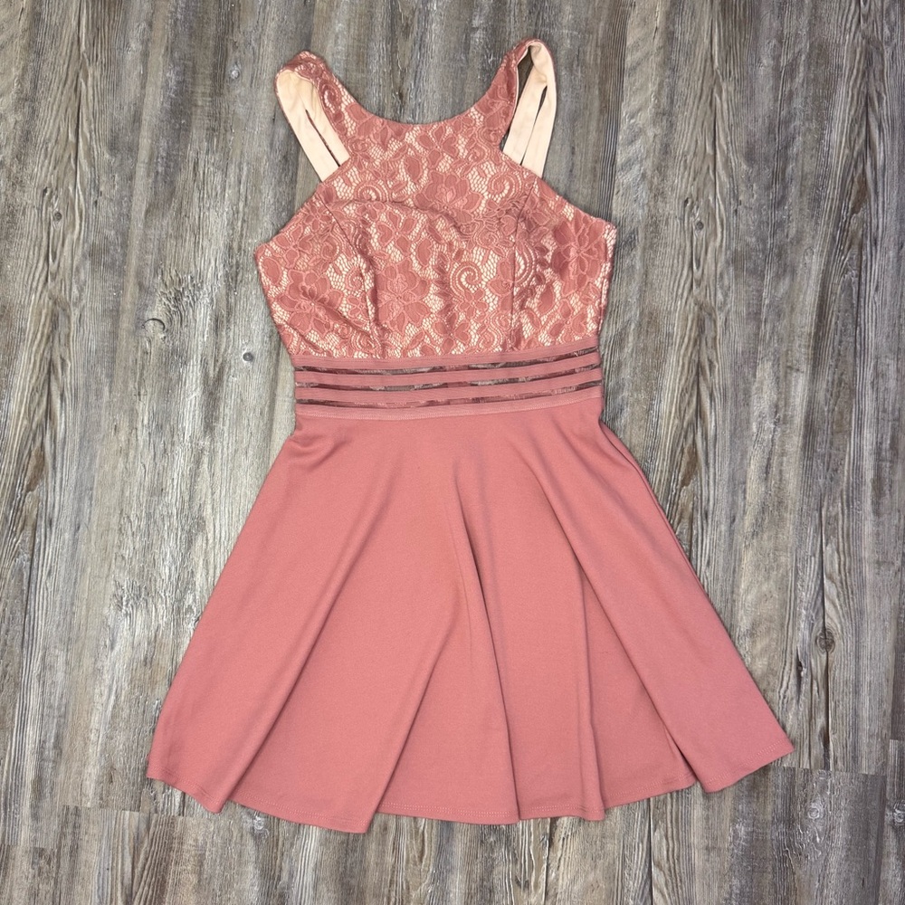 Speechless Womens Pink High Neck Halter Dress Lace Shear Waist Size M Medium